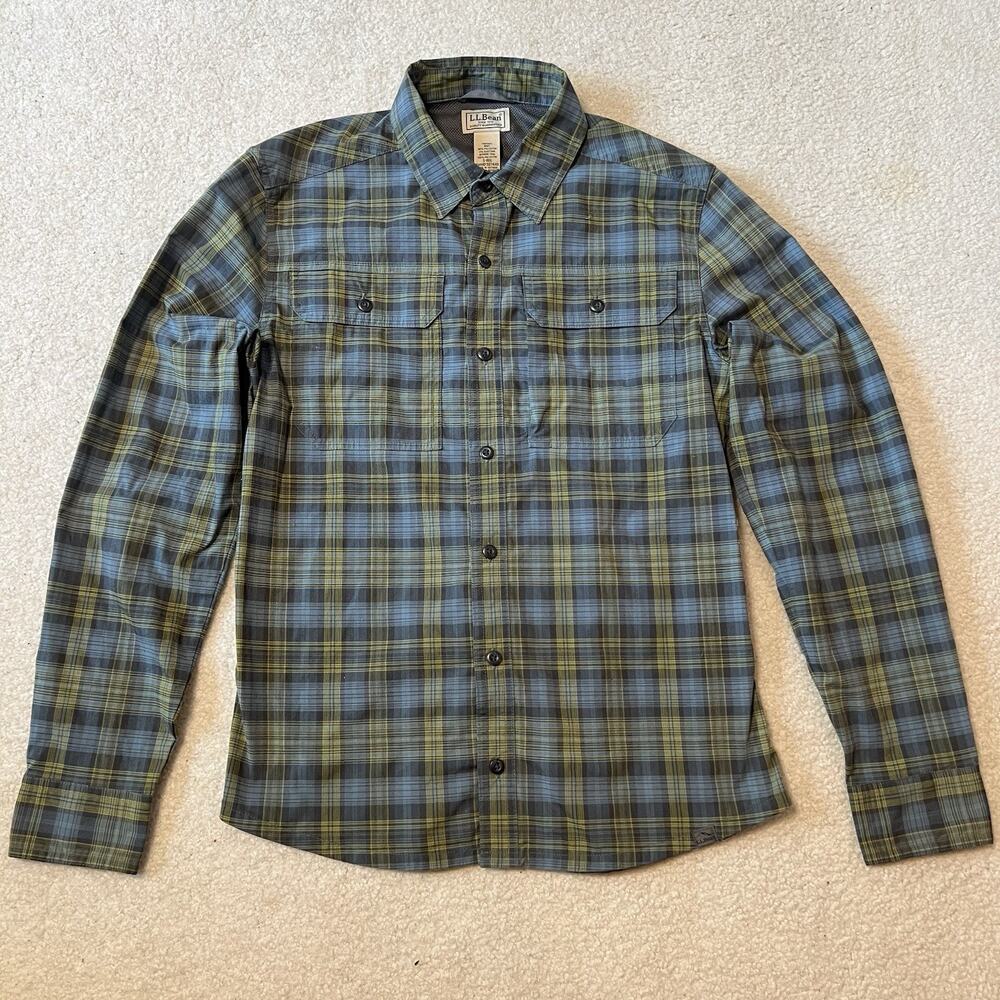 LL Bean Hiking Shirt Small Plaid Blue Green Stretch Vented Flannel 2 Pocket